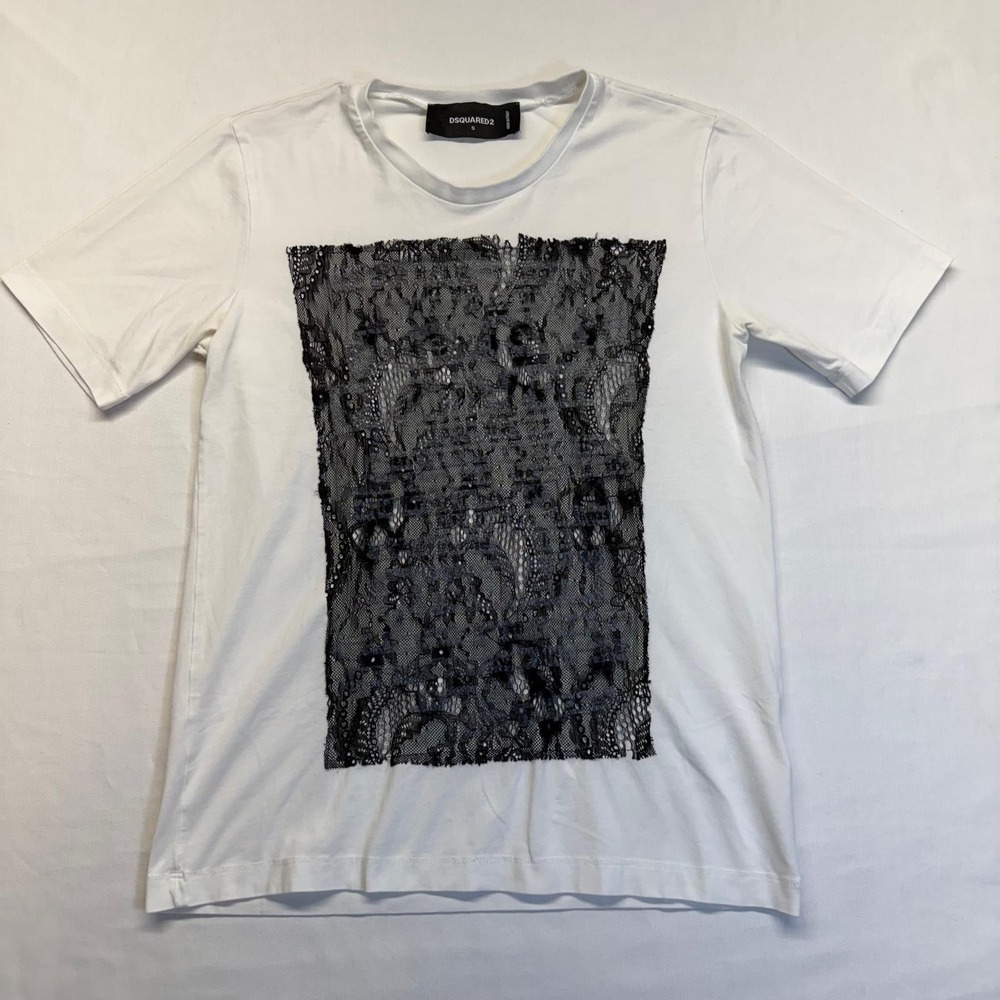 Dsquared2 White Lace Graphic Tee Shirt Italy Y2K Designer‎ Stretch Top S Luxe